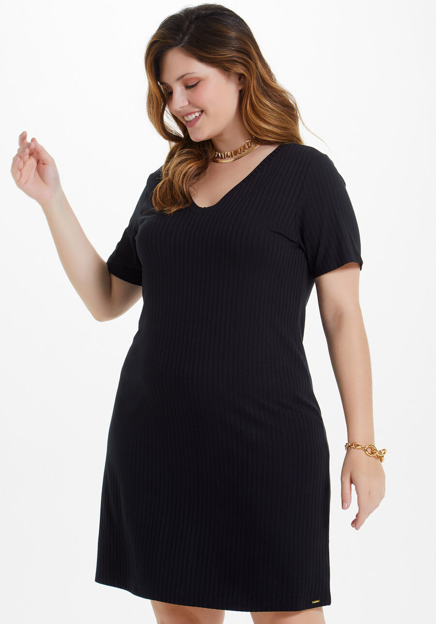 Vestido Curto Plus Size Canelado Básico, PRETO REATIVO, large.