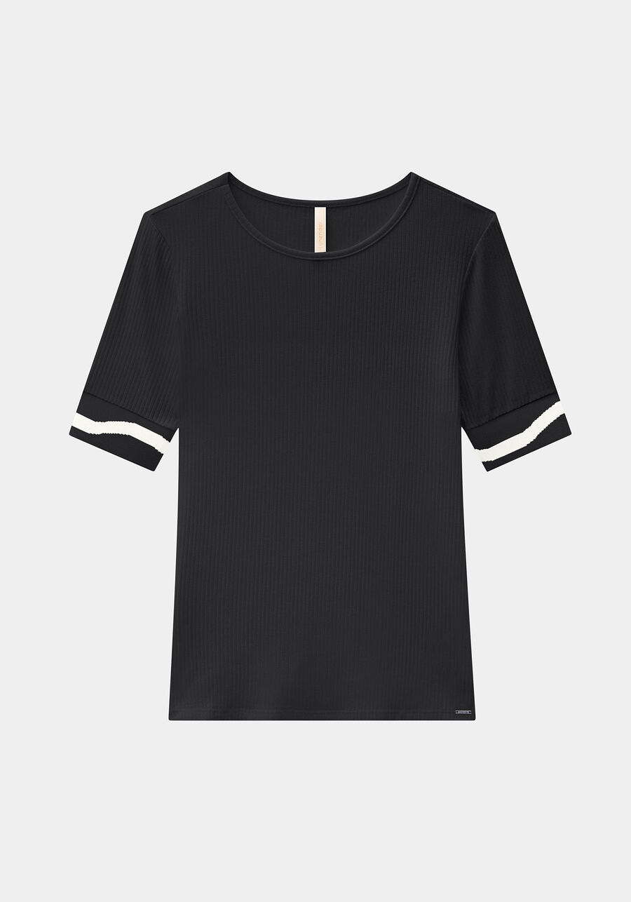 Blusa com Detalhes na Manga Malha Canelado, PRETO REATIVO. Blusa com Detalhes na Manga Malha Canelado, PRETO REATIVO, large.