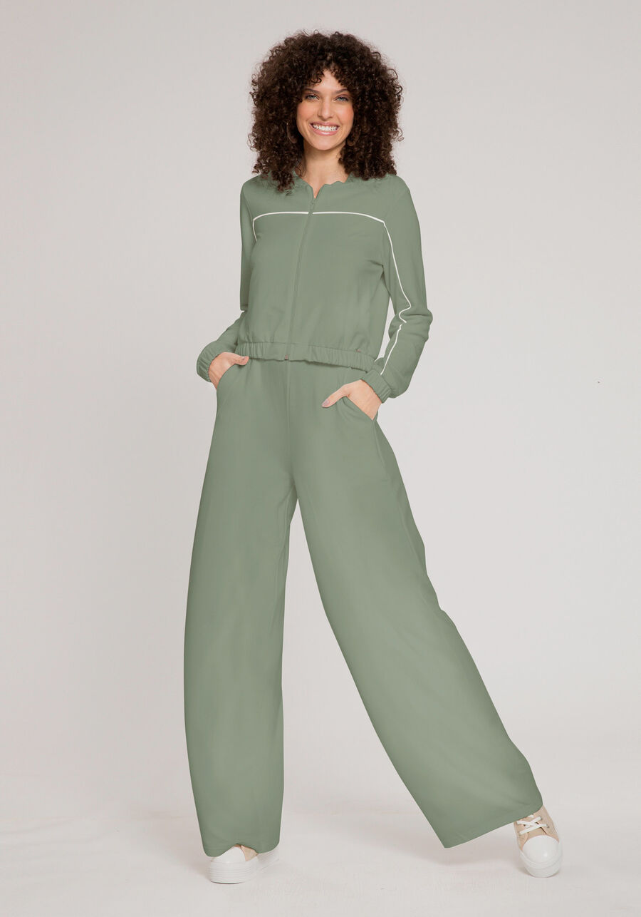 Jaqueta Cropped em Moletom Viscose com Filetes, VERDE MINERAL. Jaqueta Cropped em Moletom Viscose com Filetes, VERDE MINERAL, large.