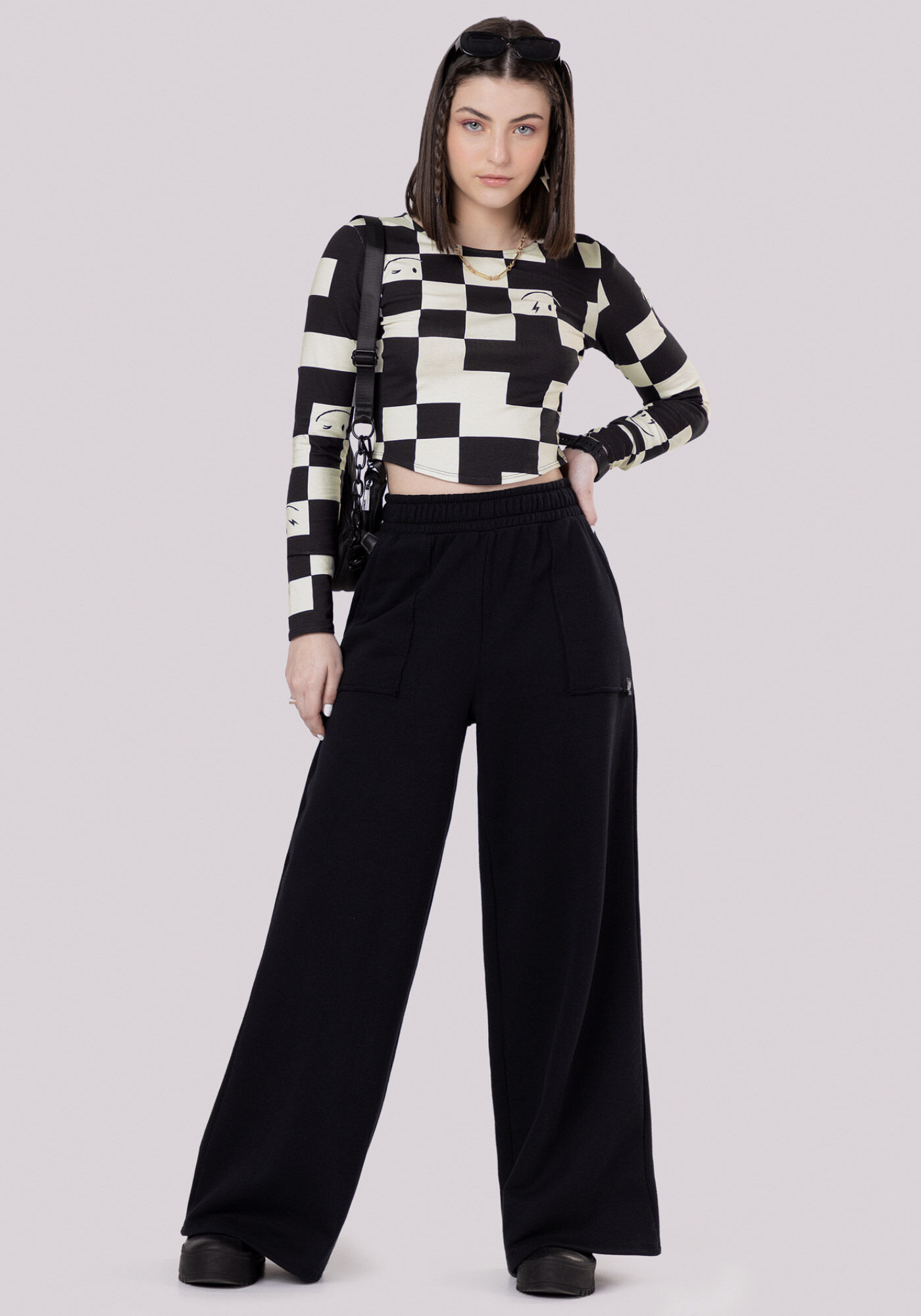 Blusa Manga Longa Juvenil com Estampa Grid, FUNNY GRID PRETO, large.