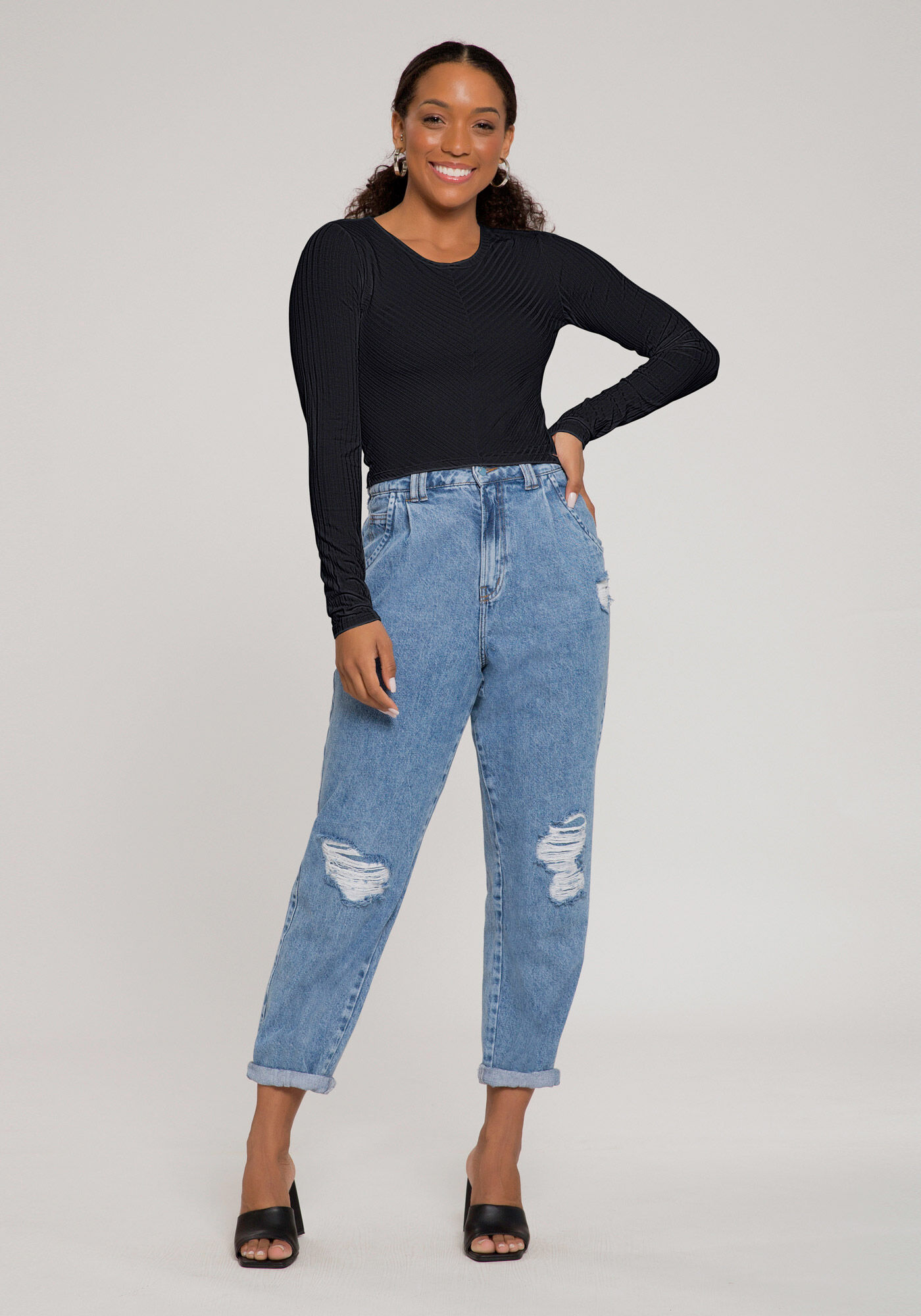 Blusa De Mangas Longas Com Gola Redonda Em Malha Canelada, , large.