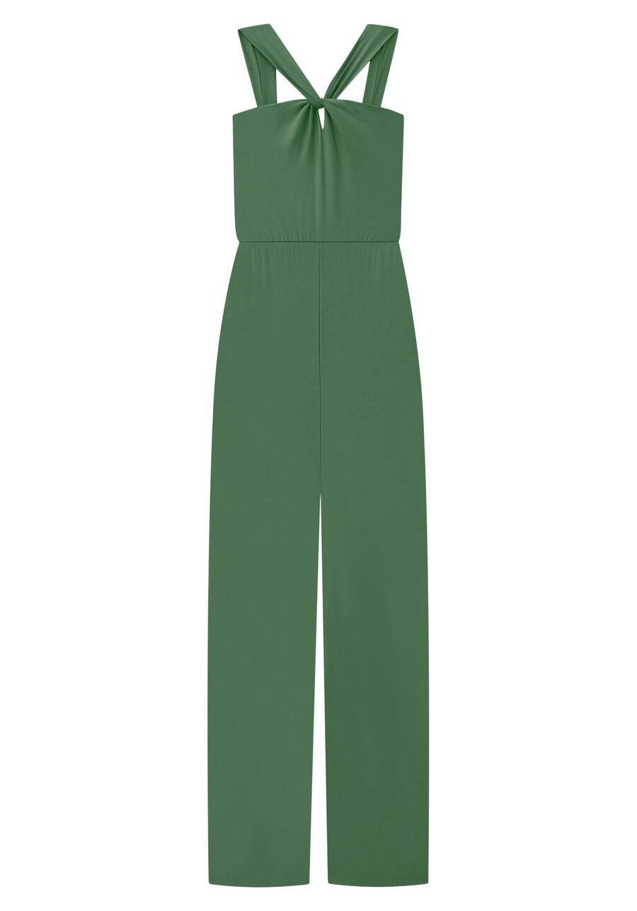 Macacão Longo em Malha Crepe com Torção Decote, VERDE SPINACH. Macacão Longo em Malha Crepe com Torção Decote, VERDE SPINACH, large.