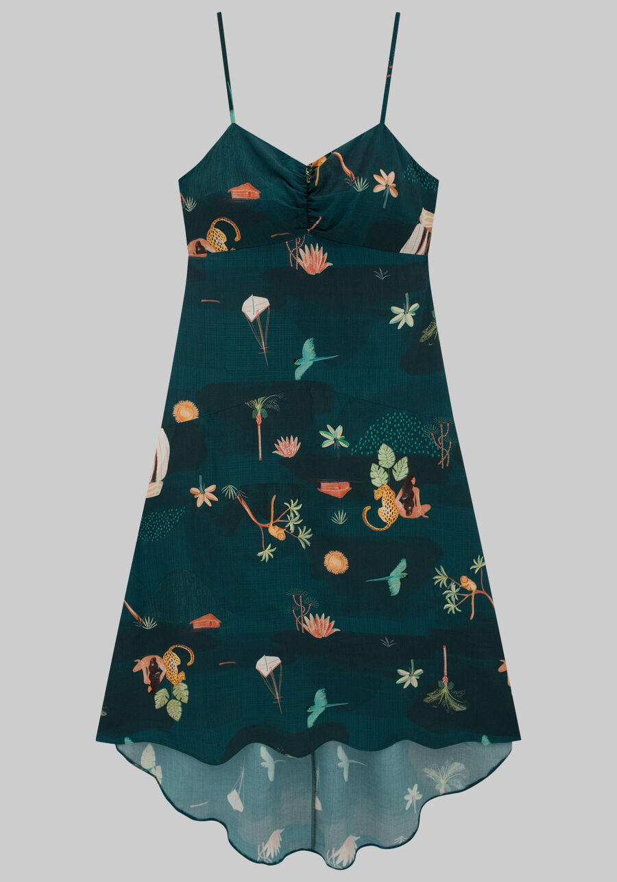 Vestido Midi Estampado em Viscose com Franzido, ORIGENS VERDE, large.