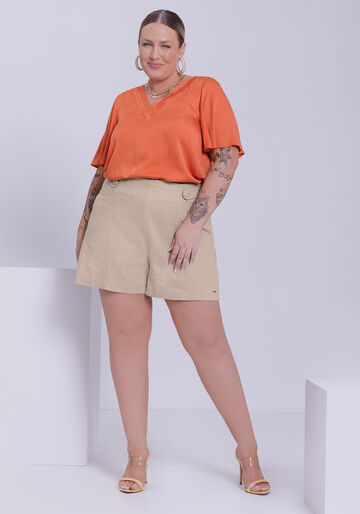 Blusa Plus Size Manga Flare em Viscose com Decote V, LARANJA RUSTY. Blusa Plus Size Manga Flare em Viscose com Decote V, LARANJA RUSTY, large.