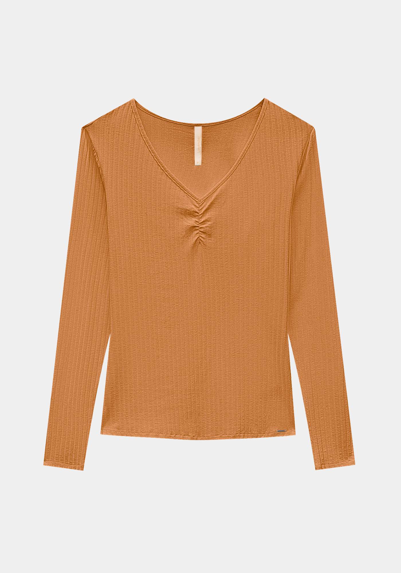 Blusa De Malha Canelada Com Mangas Longas E Decote Em V, , large.