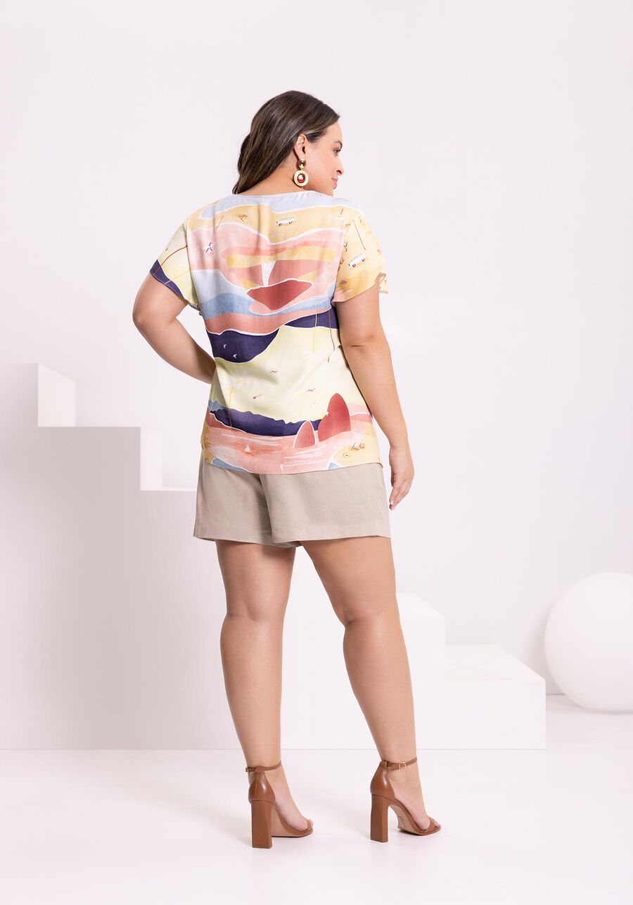 Blusa Fluida Estampada Manga Curta Em Viscose Responsável, . Blusa Fluida Estampada Manga Curta Em Viscose Responsável, , large.