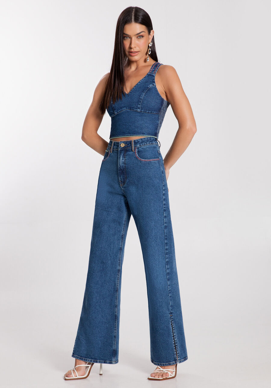 Blusa Jeans Cropped com Bordado e Lastex, , large.