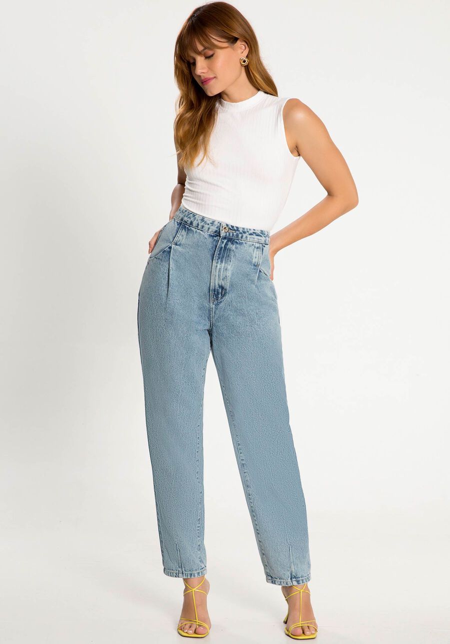 Calça Jeans Slouchy com Cintura Alta e Pence, JEANS. Calça Jeans Slouchy com Cintura Alta e Pence, JEANS, large.