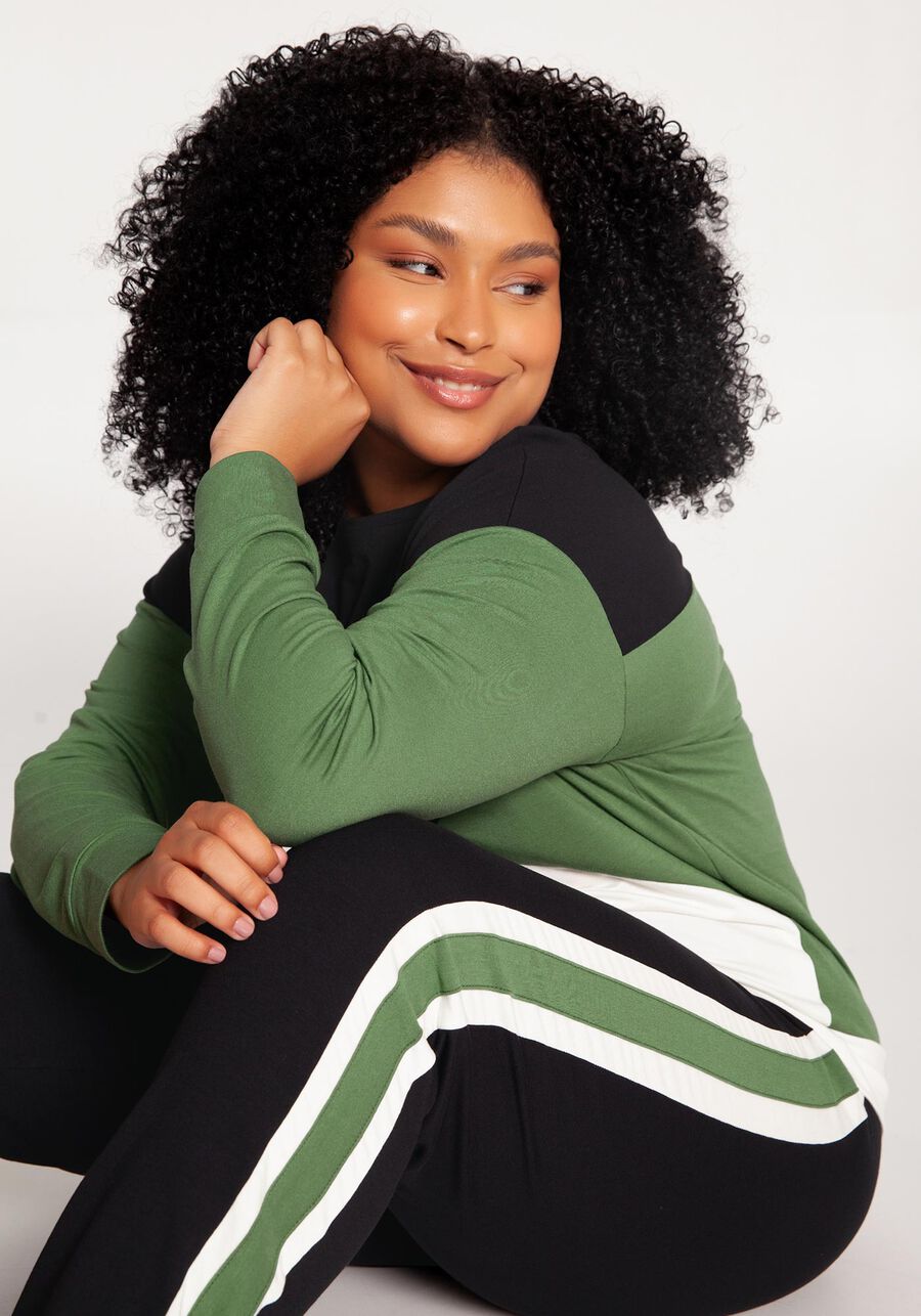 Conjunto Plus Size em Moletom com Recortes, VERDE NATIVE. Conjunto Plus Size em Moletom com Recortes, VERDE NATIVE, large.