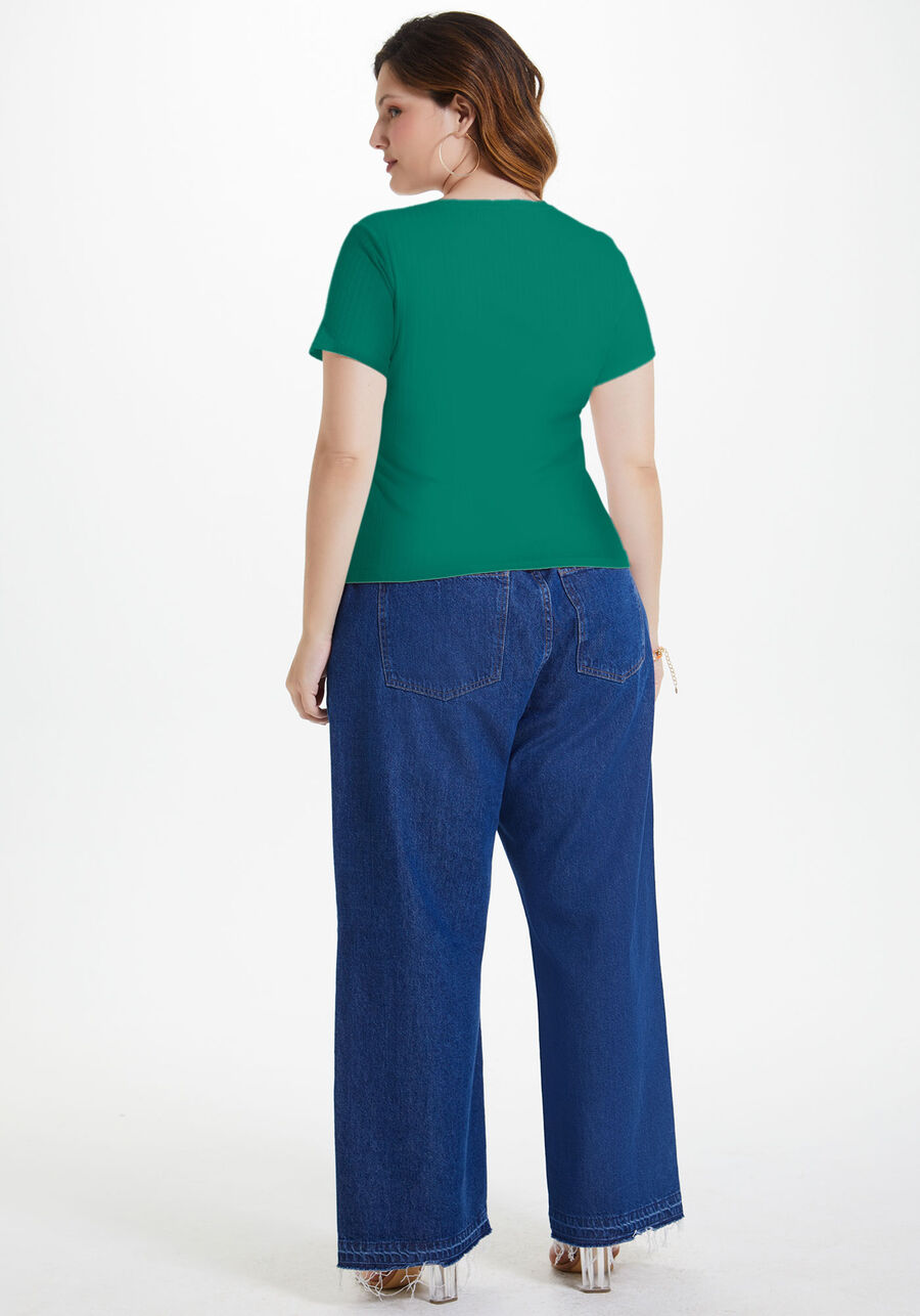 Blusa Básica Canelada De Mangas Curtas Com Recorte Frontal, VERDE GREEN LEAF. Blusa Básica Canelada De Mangas Curtas Com Recorte Frontal, VERDE GREEN LEAF, large.