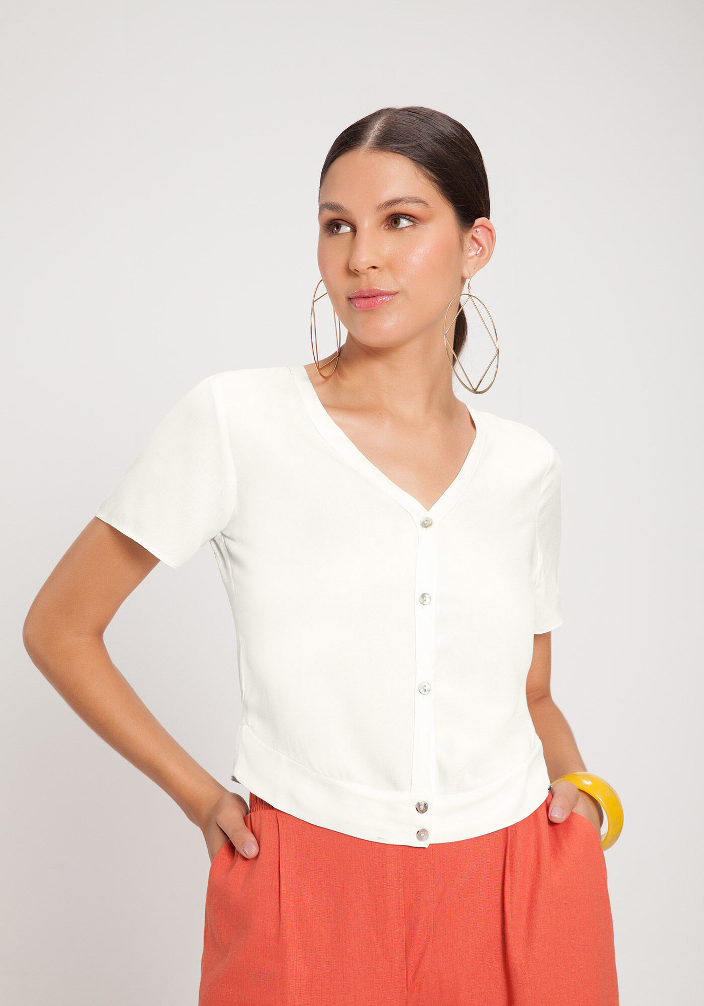 Camisa Manga Curta em Viscose Cropped, , large.