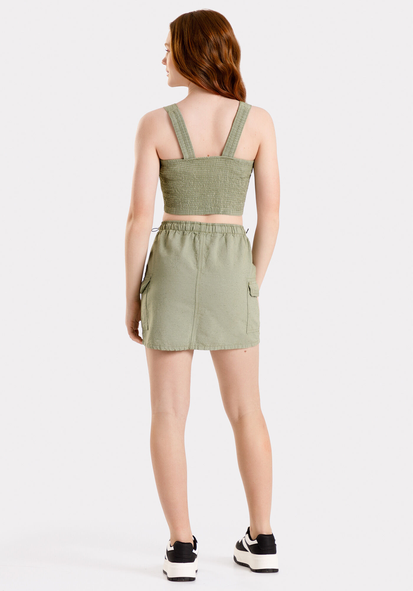 Conjunto saia cargo e blusa Cropped juvenil sustent&aacute;vel, VERDE CORAL, large.