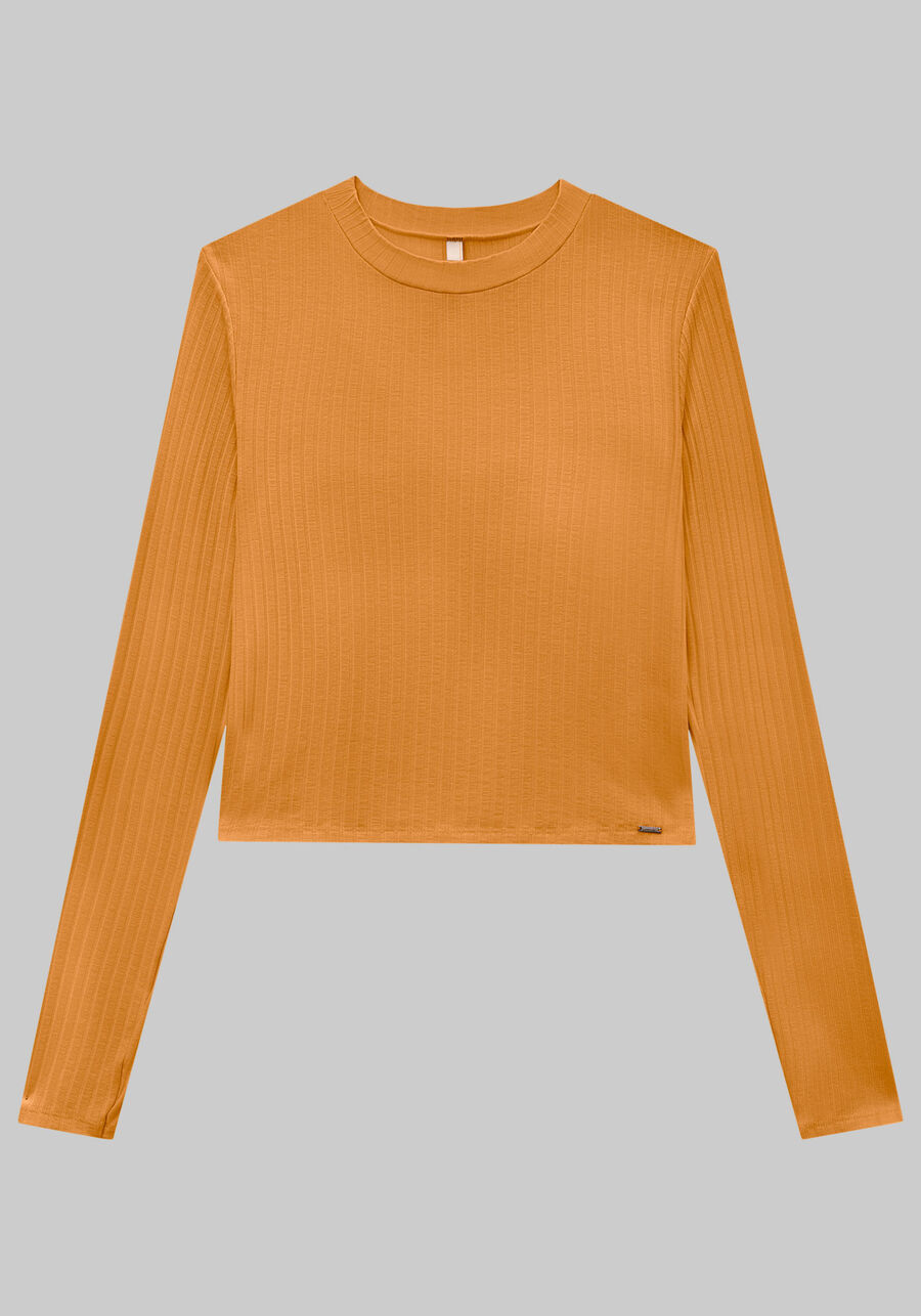 Blusa Manga Longa Canelada Básica com Gola, BEGE RAMATO. Blusa Manga Longa Canelada Básica com Gola, BEGE RAMATO, large.