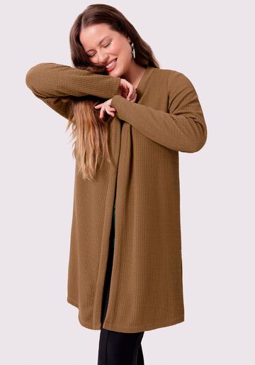 Cardigan Alongado Plus Size em Malha Texturizada, MARROM GROOT. Cardigan Alongado Plus Size em Malha Texturizada, MARROM GROOT, large.