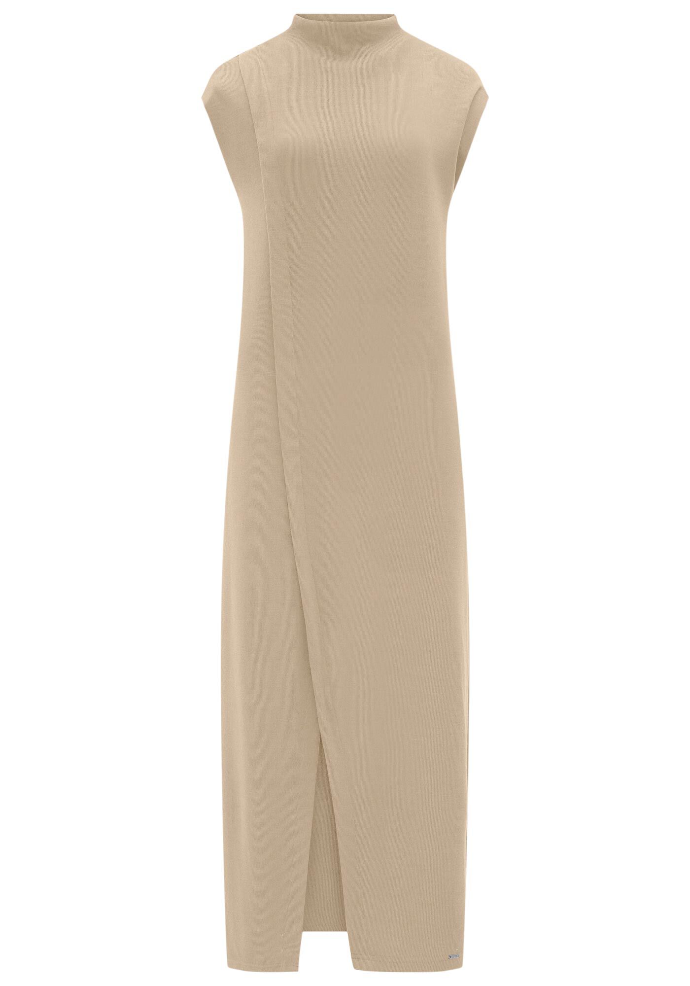 Vestido Midi Ch&aacute; Com Gola Alta Em Malha Tric&ocirc;, BEGE FOLCLORE, large.