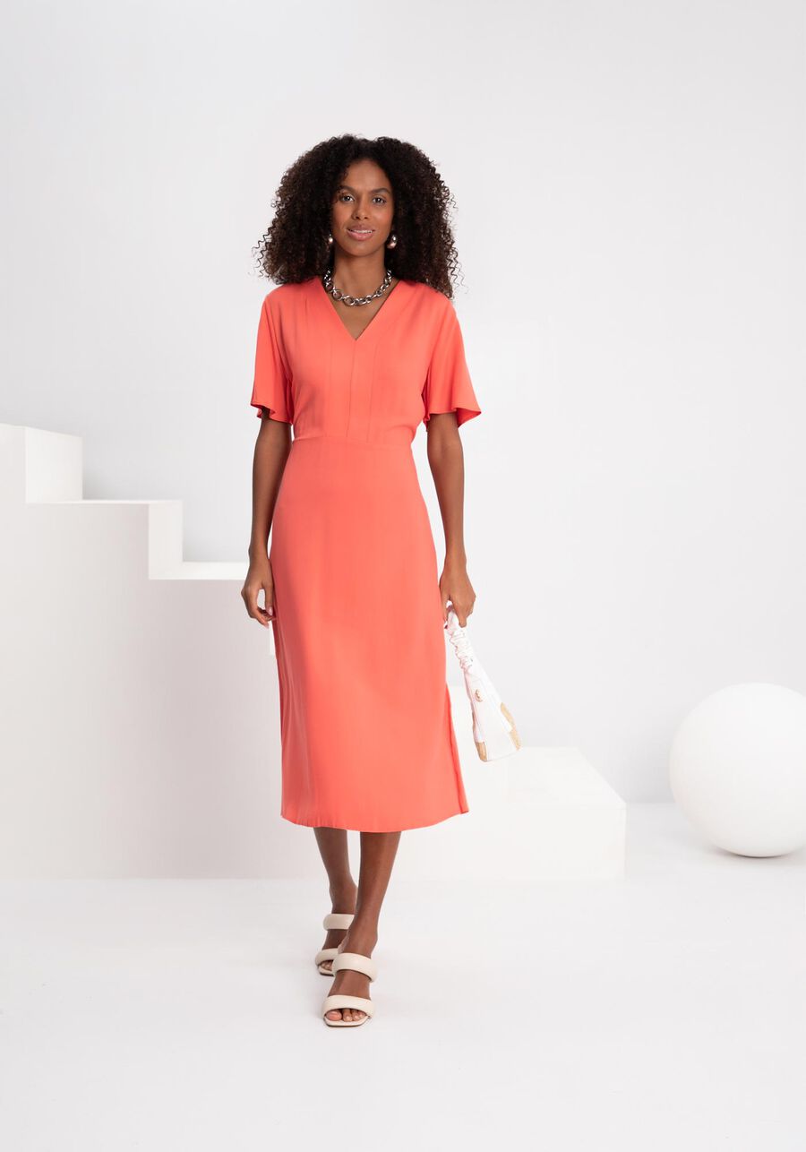 Vestido Midi Com Manga Fluida E Abertura Lateral Em Viscose, LARANJA ISOSCELES. Vestido Midi Com Manga Fluida E Abertura Lateral Em Viscose, LARANJA ISOSCELES, large.