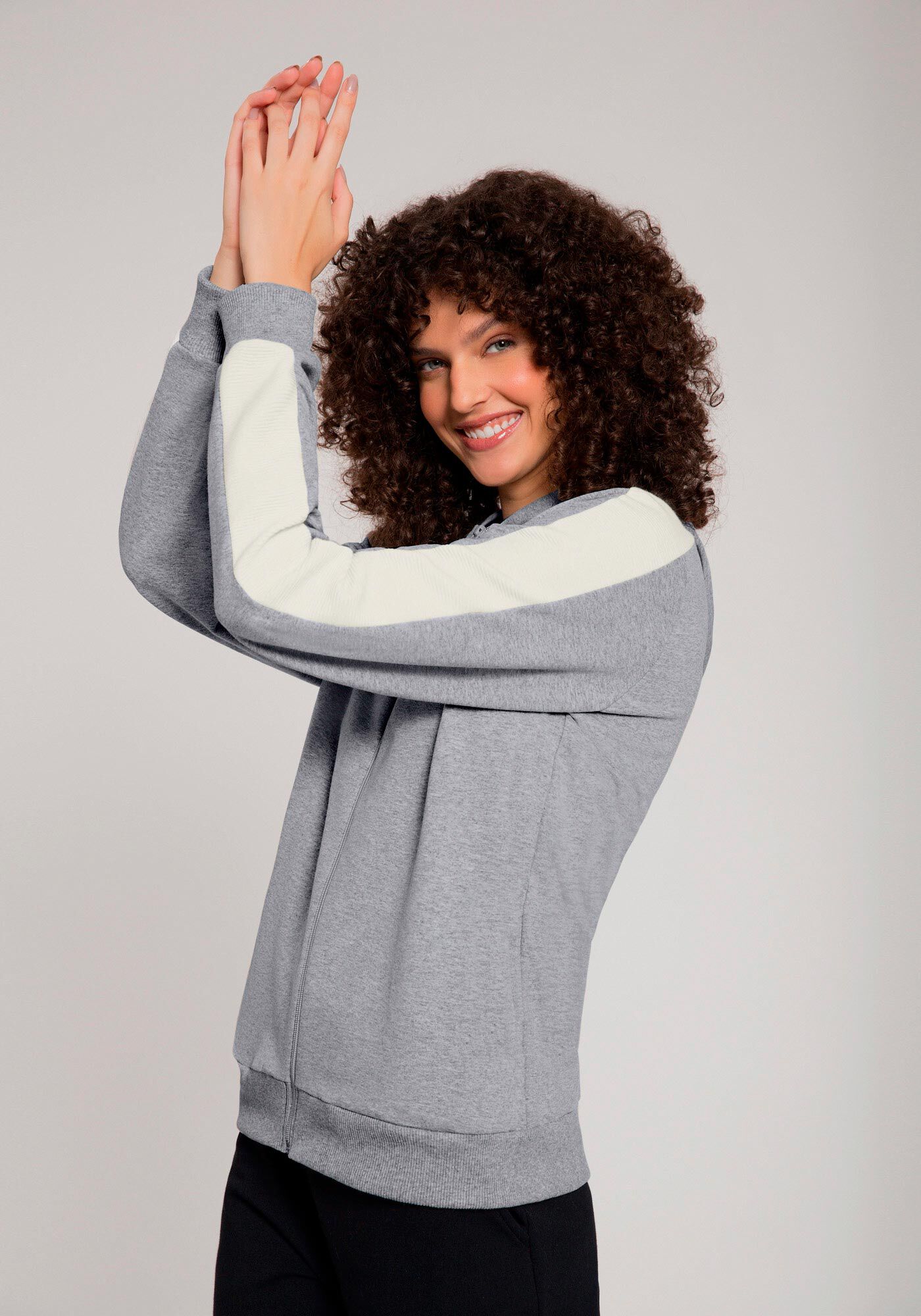 Jaqueta em Molecotton com Capuz e Recortes, MESCLA MEDIO, large.