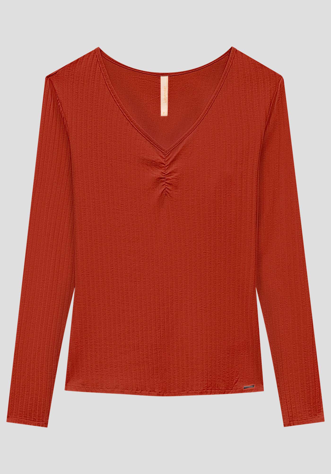 Blusa De Malha Canelada Com Mangas Longas E Decote Em V, , large.