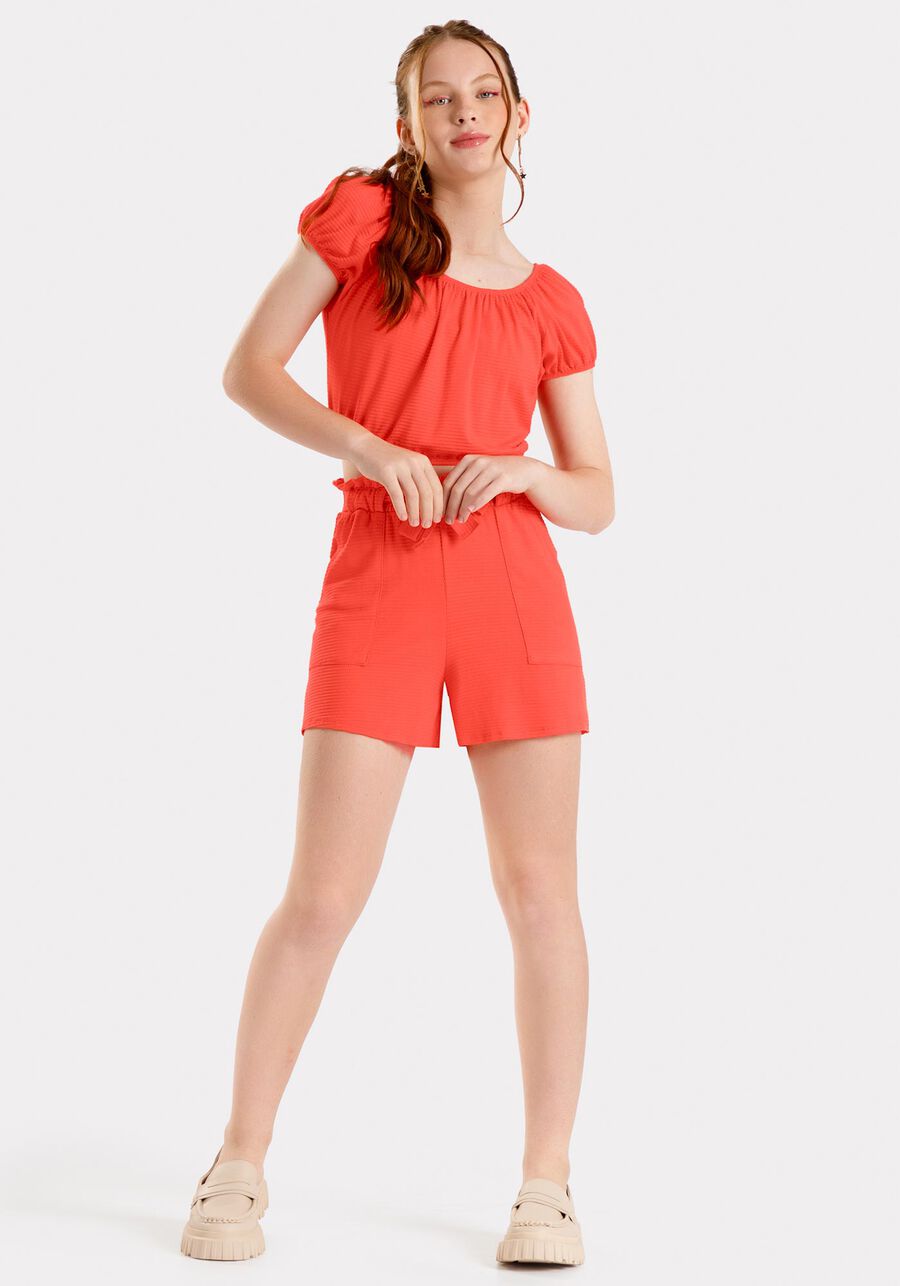 Conjunto Juvenil com Blusa Cropped e Shorts Cintura Alta, VERMELHO CEREJA. Conjunto Juvenil com Blusa Cropped e Shorts Cintura Alta, VERMELHO CEREJA, large.