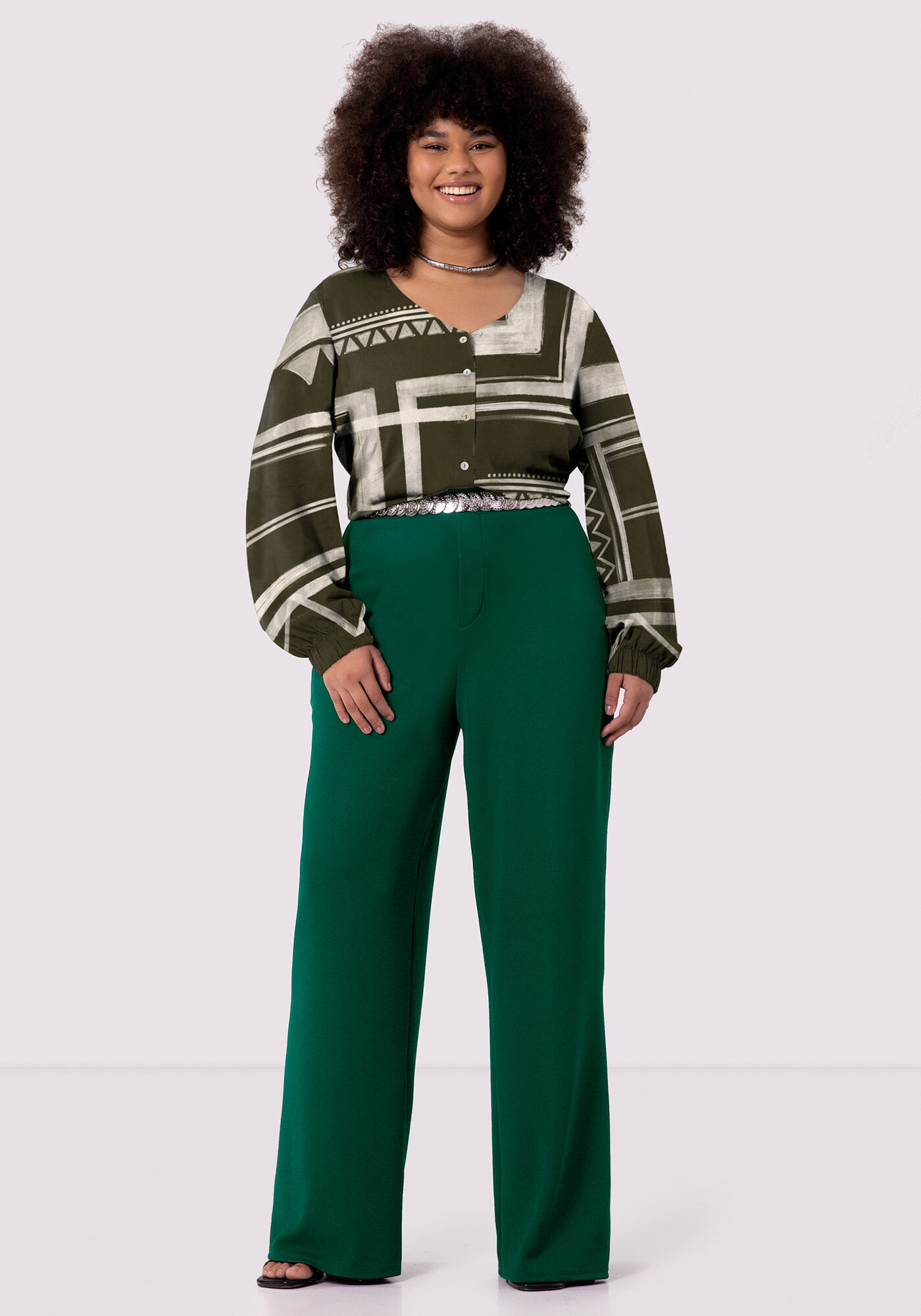 Camisa Manga Longa Bufante Plus Size Estampada, ESSENCIA VERDE, large.