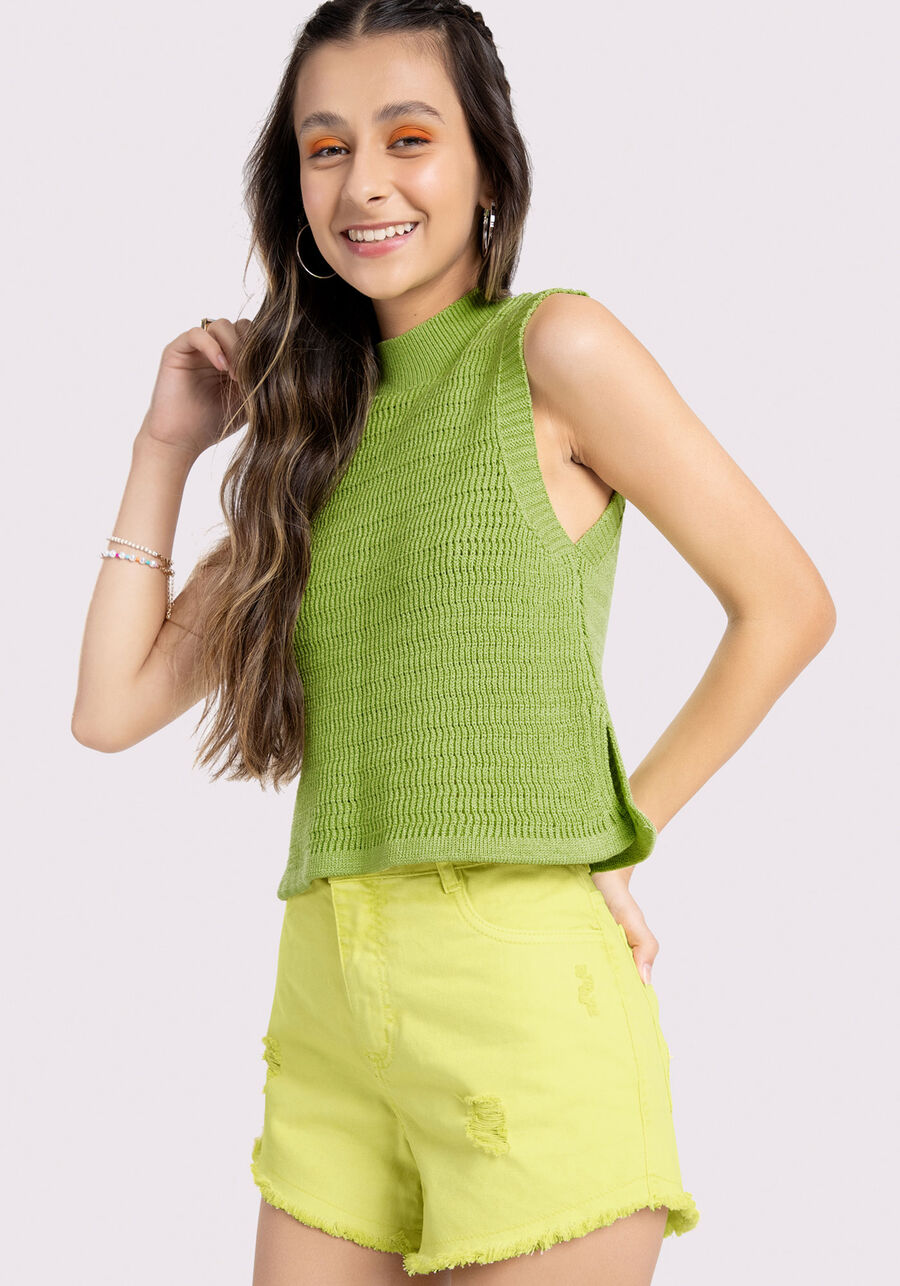 Regata Cropped Juvenil em Tricô com Gola Alta, . Regata Cropped Juvenil em Tricô com Gola Alta, , large.