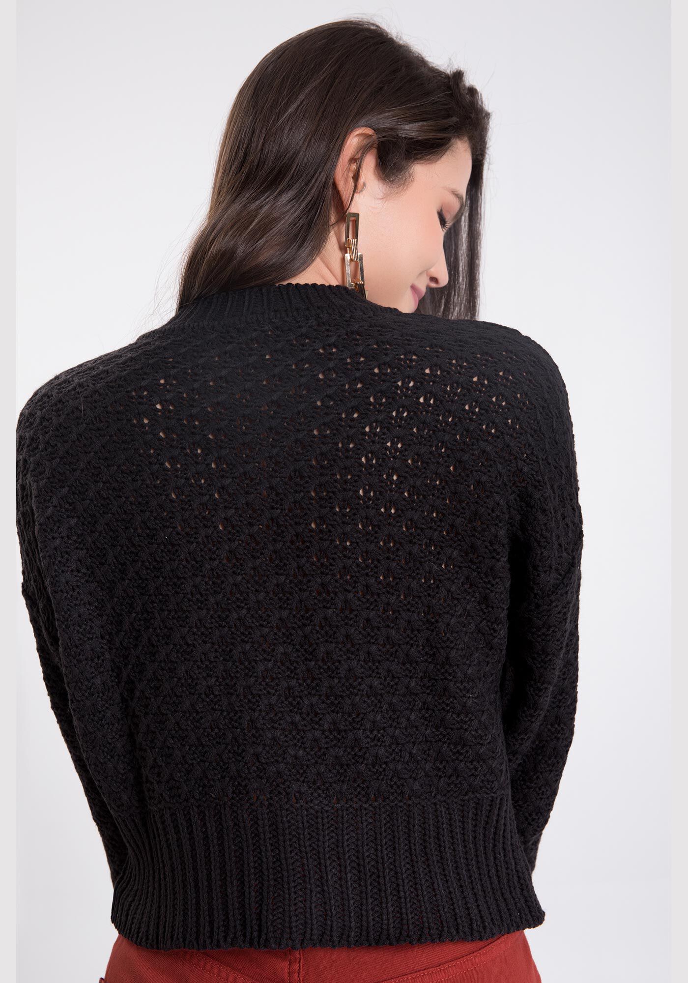 Blus&atilde;o Cropped em Tric&ocirc; com Textura, PRETO REATIVO, large.