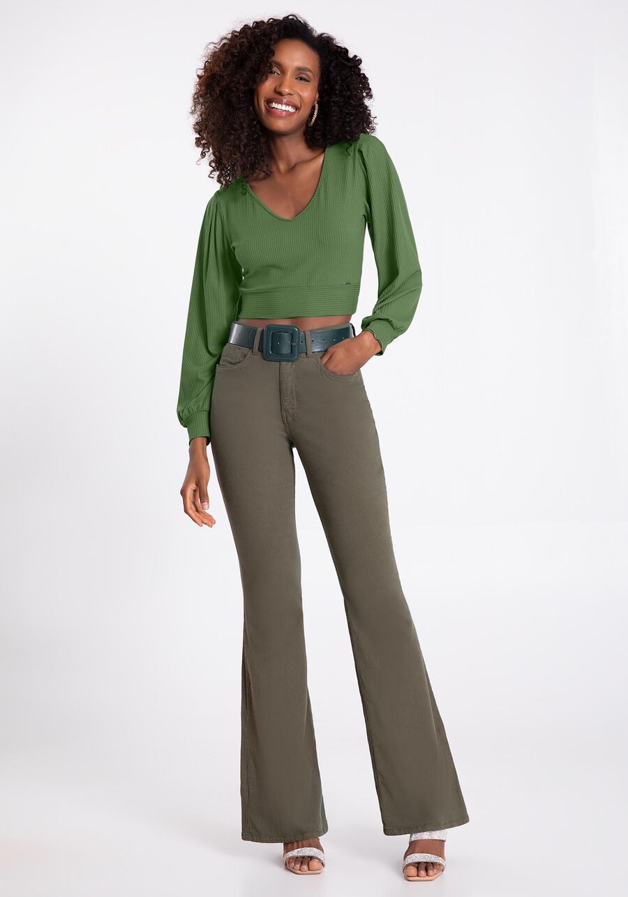 Blusa Cropped Canelada com Manga Bufante, VERDE NATIVE. Blusa Cropped Canelada com Manga Bufante, VERDE NATIVE, large.
