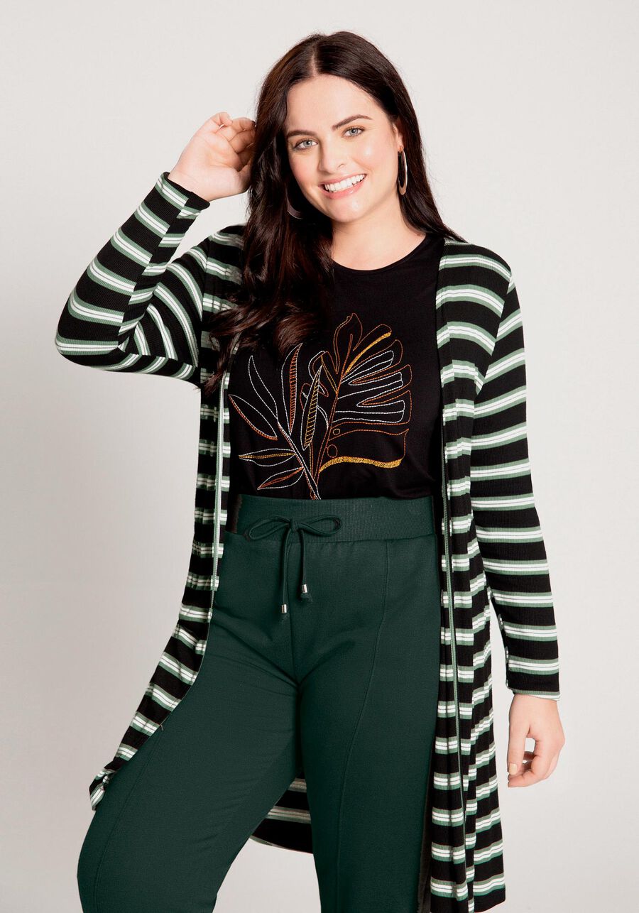 Cardigan Alongado Listrado em Malha Plus Size, VERDE MINERAL. Cardigan Alongado Listrado em Malha Plus Size, VERDE MINERAL, large.