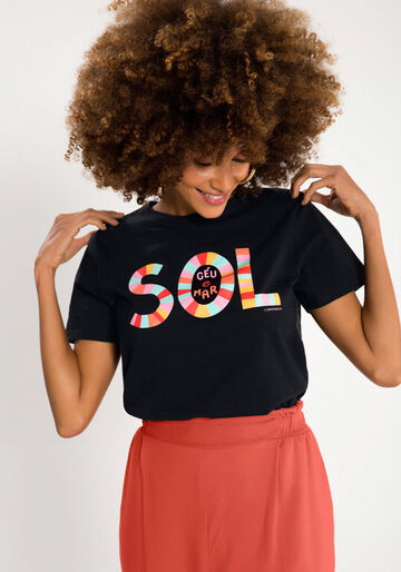 T-shirt Slim em Malha com Estampa Sol, PRETO REATIVO, large.