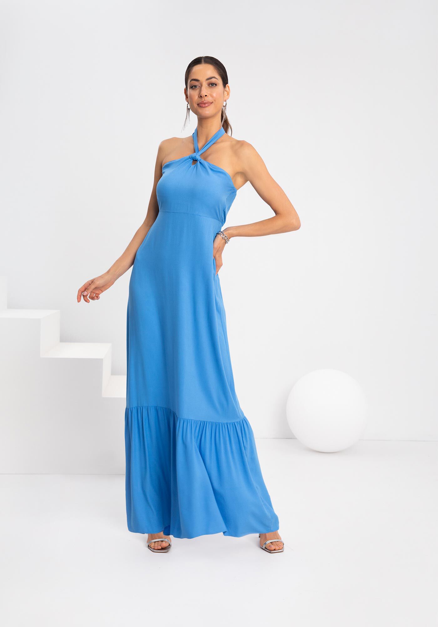 Vestido Longo Frente &Uacute;nica Com Babado Na Barra Em Viscose, AZUL CARIBE, large.