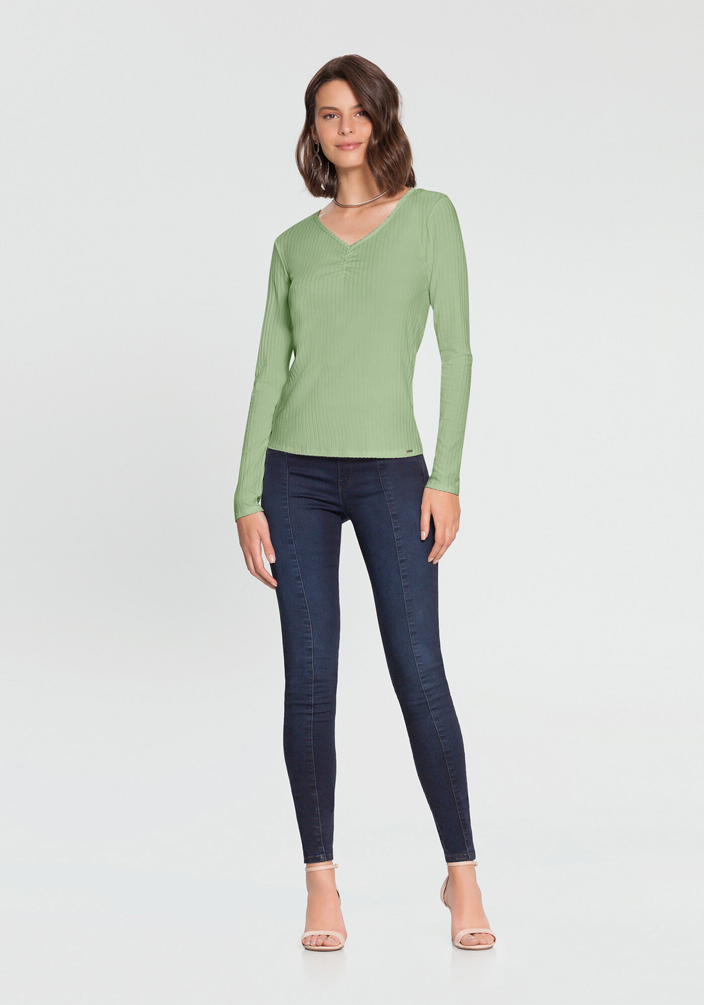 Blusa De Malha Canelada Com Mangas Longas E Decote Em V, , large.