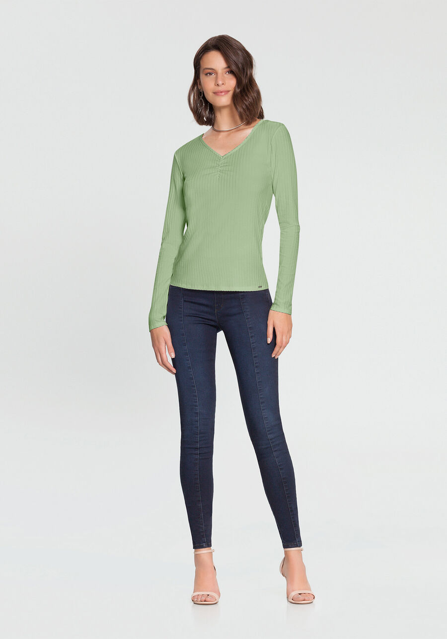 Blusa De Malha Canelada Com Mangas Longas E Decote Em V, . Blusa De Malha Canelada Com Mangas Longas E Decote Em V, , large.