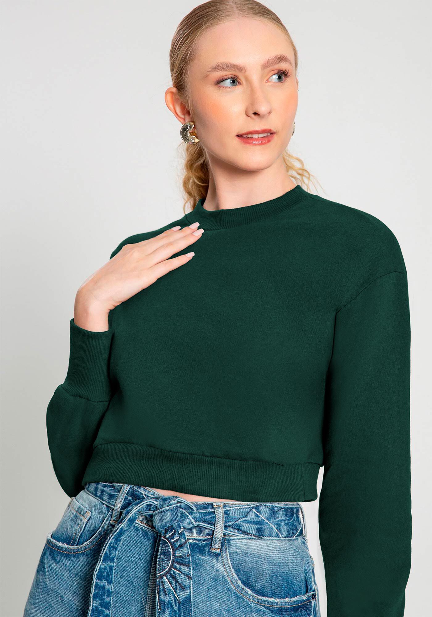 Blus&atilde;o Curto B&aacute;sico Em Moletom Felpado De Algod&atilde;o, VERDE FURIA, large.