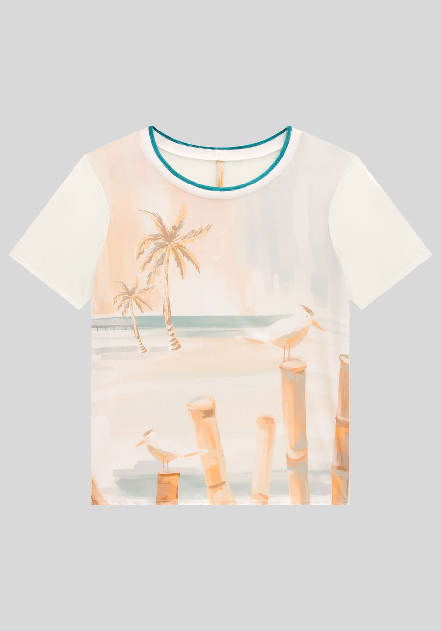 Blusa Plus Size Estampada com Retilínea Decote, BRANCO OFF WHITE. Blusa Plus Size Estampada com Retilínea Decote, BRANCO OFF WHITE, large.