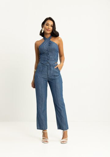 Top Jeans Frente Única Com Botões E Elástico Nas Costas, JEANS. Top Jeans Frente Única Com Botões E Elástico Nas Costas, JEANS, large.