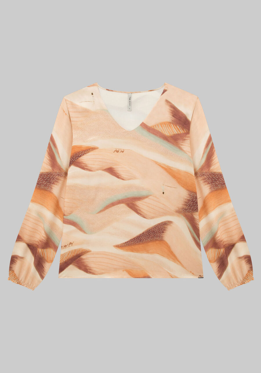 Blusa Estampada Plus Size com Manga Bufante, MANSIDAO MARROM. Blusa Estampada Plus Size com Manga Bufante, MANSIDAO MARROM, large.