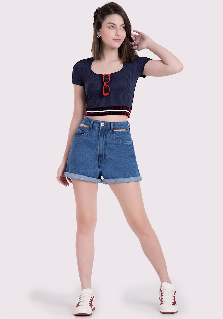 Blusa Juvenil Cropped Canelada com Decote Quadrado, MARINHO ACTION. Blusa Juvenil Cropped Canelada com Decote Quadrado, MARINHO ACTION, large.