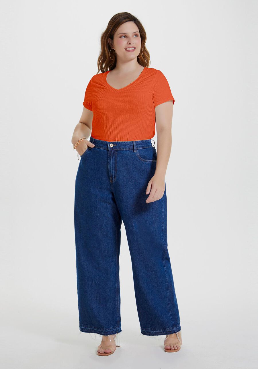 Blusa Básica Em Malha Canelada Com Mangas Curtas E Decote V, . Blusa Básica Em Malha Canelada Com Mangas Curtas E Decote V, , large.