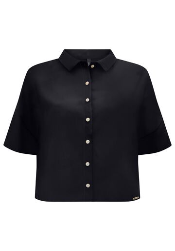 Camisa De Mangas Curtas Com Gola Clássica E Botões, PRETO. Camisa De Mangas Curtas Com Gola Clássica E Botões, PRETO, large.