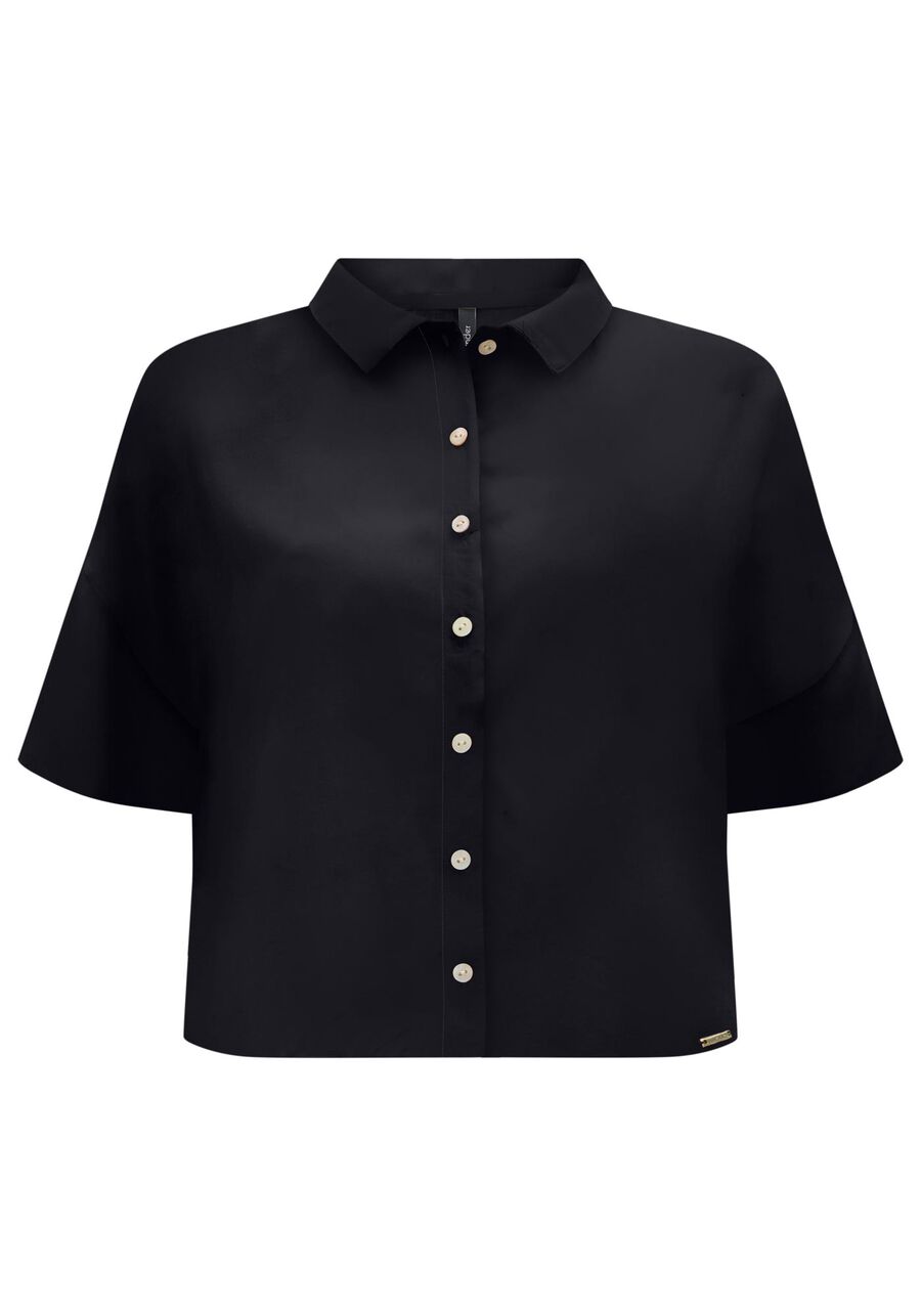 Camisa De Mangas Curtas Com Gola Clássica E Botões, PRETO. Camisa De Mangas Curtas Com Gola Clássica E Botões, PRETO, large.