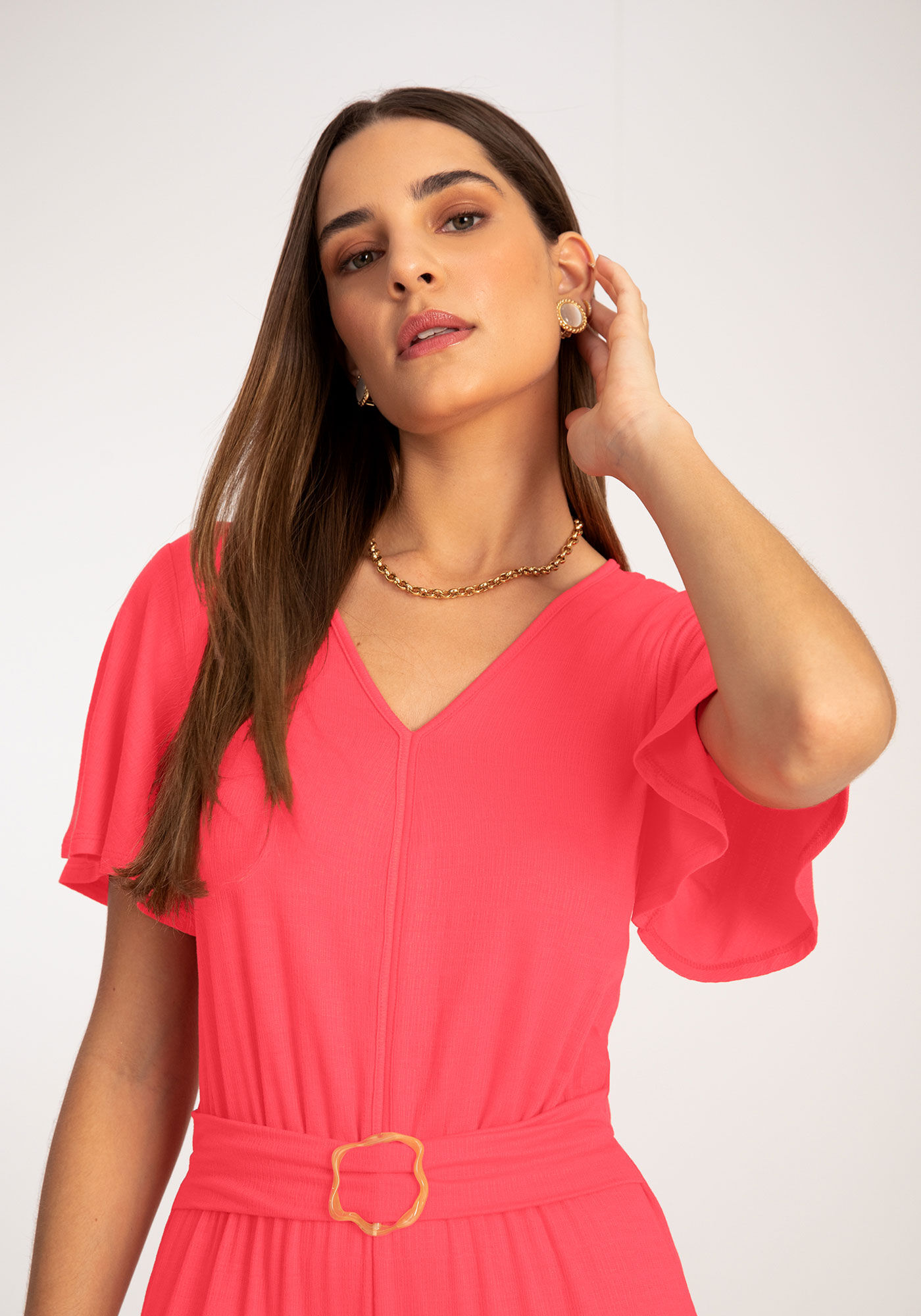 Macac&atilde;o Longo Pantalona em Malha com Cinto, SALMAO BRIGHT CORAL, large.