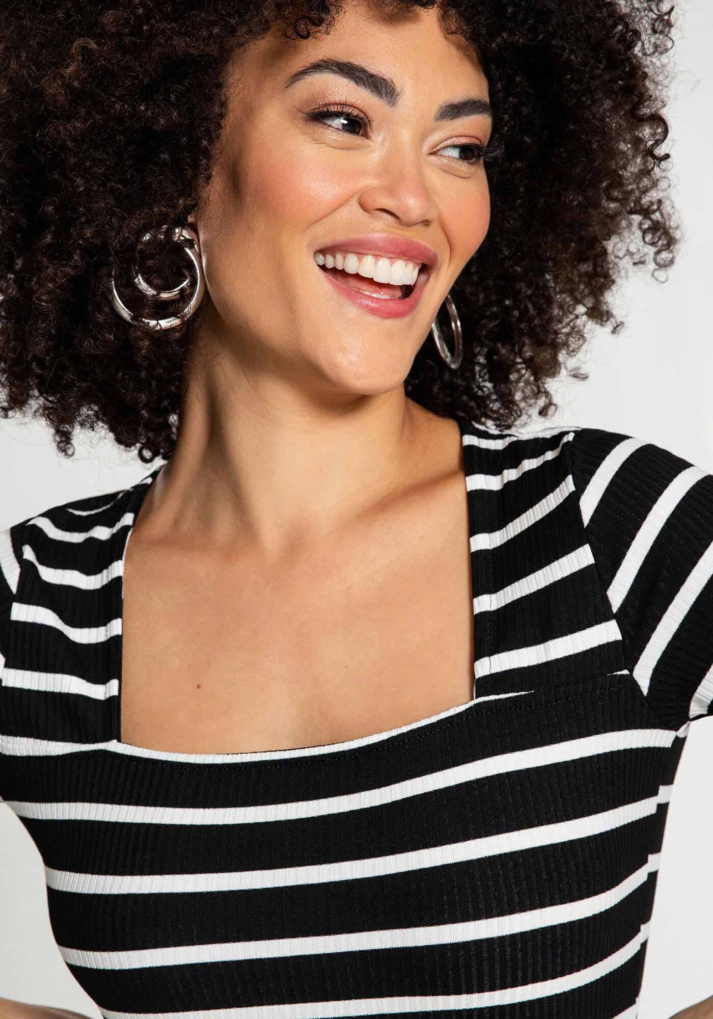 Vestido Midi Malha Canelado, PRETO LISTRADO, large.