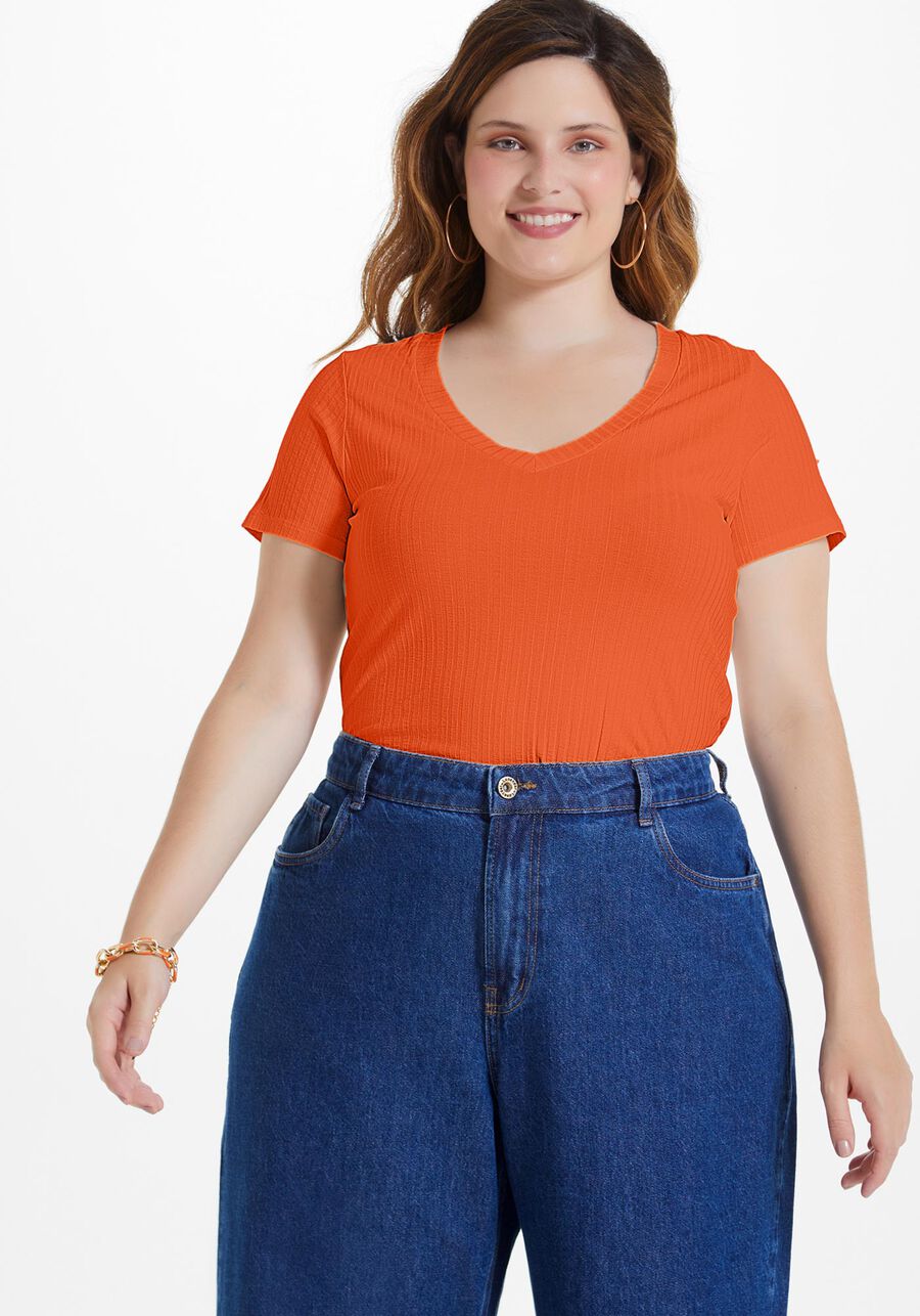 Blusa Básica Em Malha Canelada Com Mangas Curtas E Decote V, . Blusa Básica Em Malha Canelada Com Mangas Curtas E Decote V, , large.