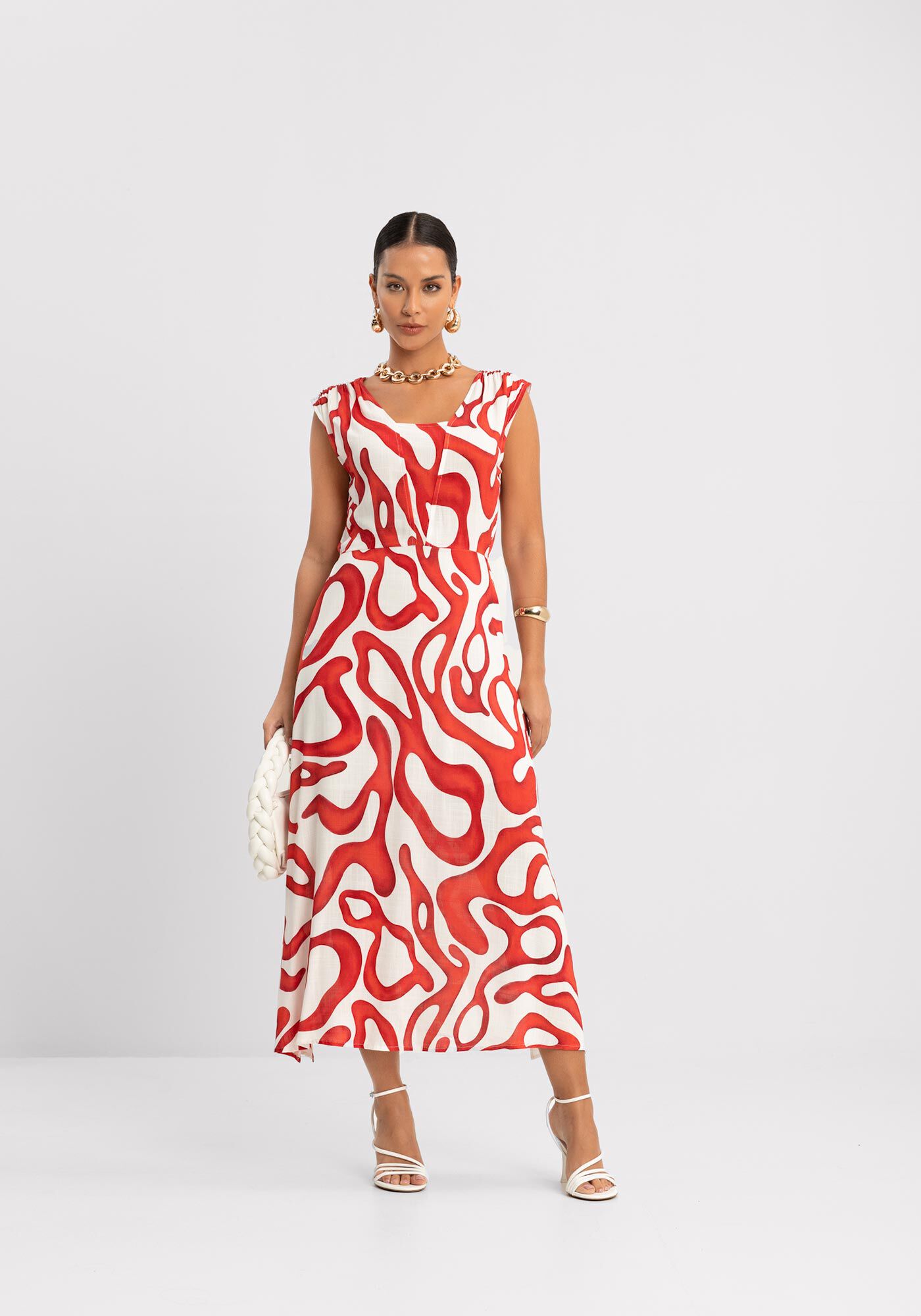 Vestido Midi Ch&aacute; Com Abertura Lateral E Recorte No Busto, AMOR VERMELHO, large.