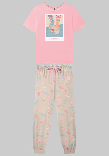 Pijama Estampado com Blusa e Calça Jogger, COMFY BEGE, large.