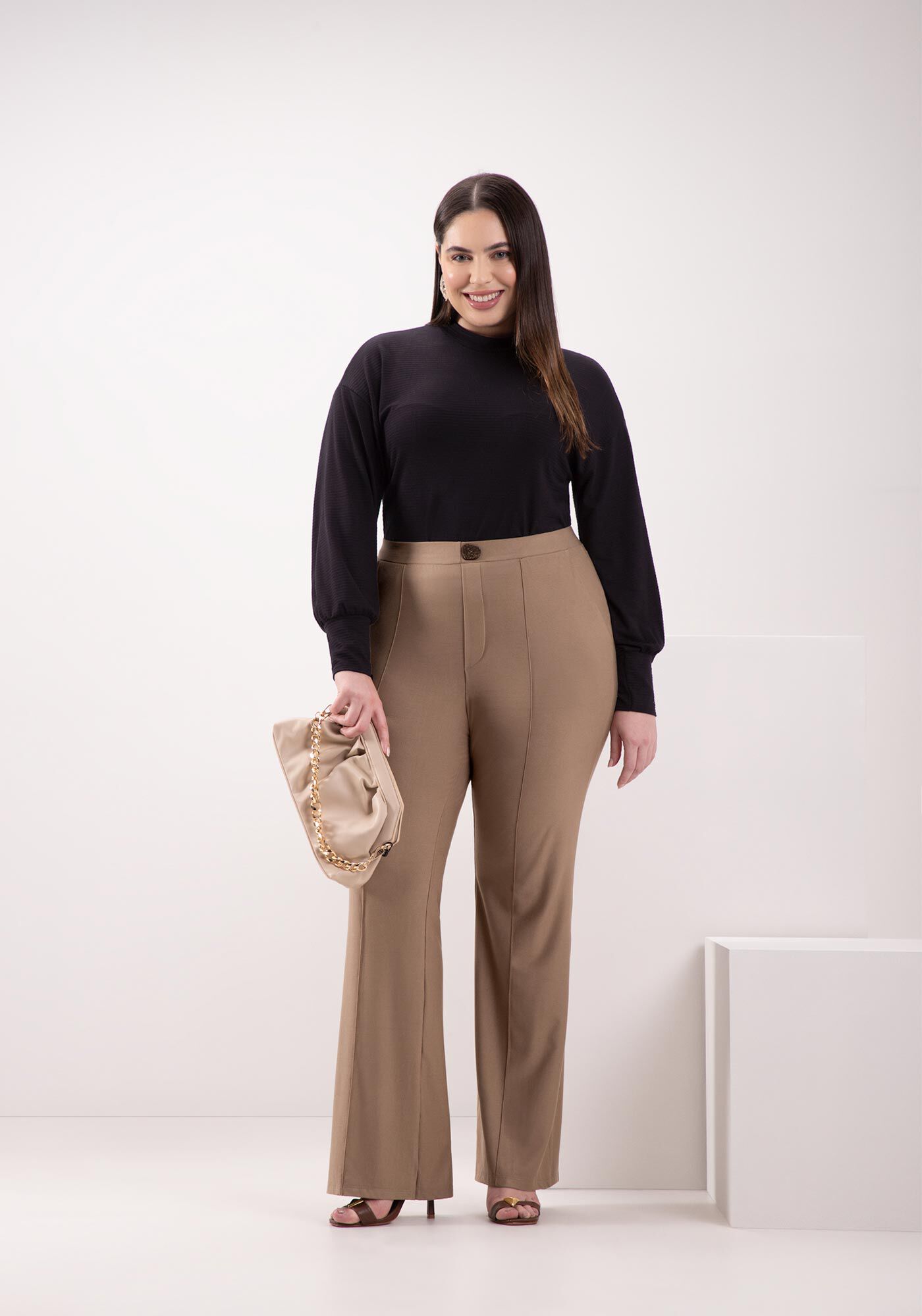 Blusa De Mangas Longas Plus Size Em Malha Texturizada, PRETO, large.