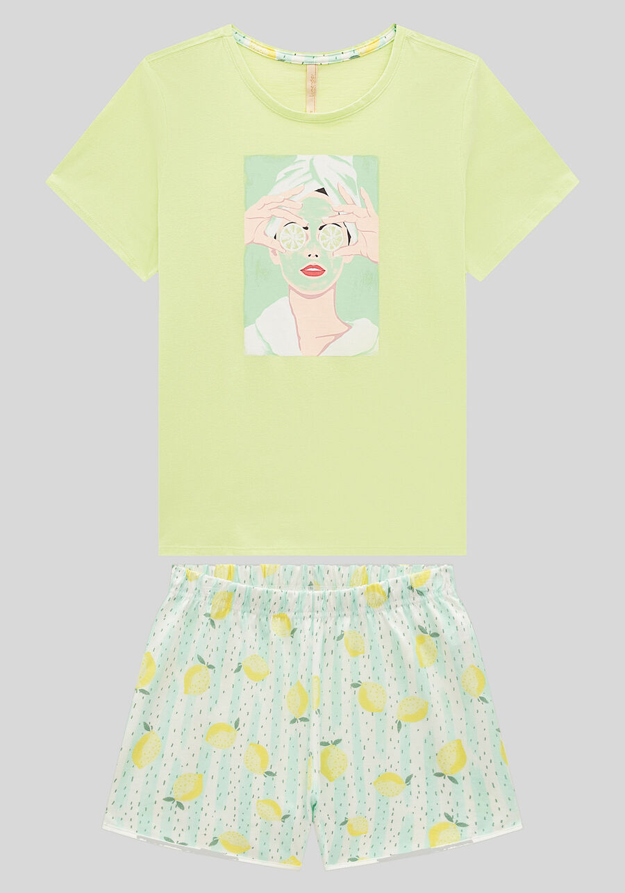 Pijama Curto Estampado com Blusa e Shorts, SICILIA VERDE. Pijama Curto Estampado com Blusa e Shorts, SICILIA VERDE, large.