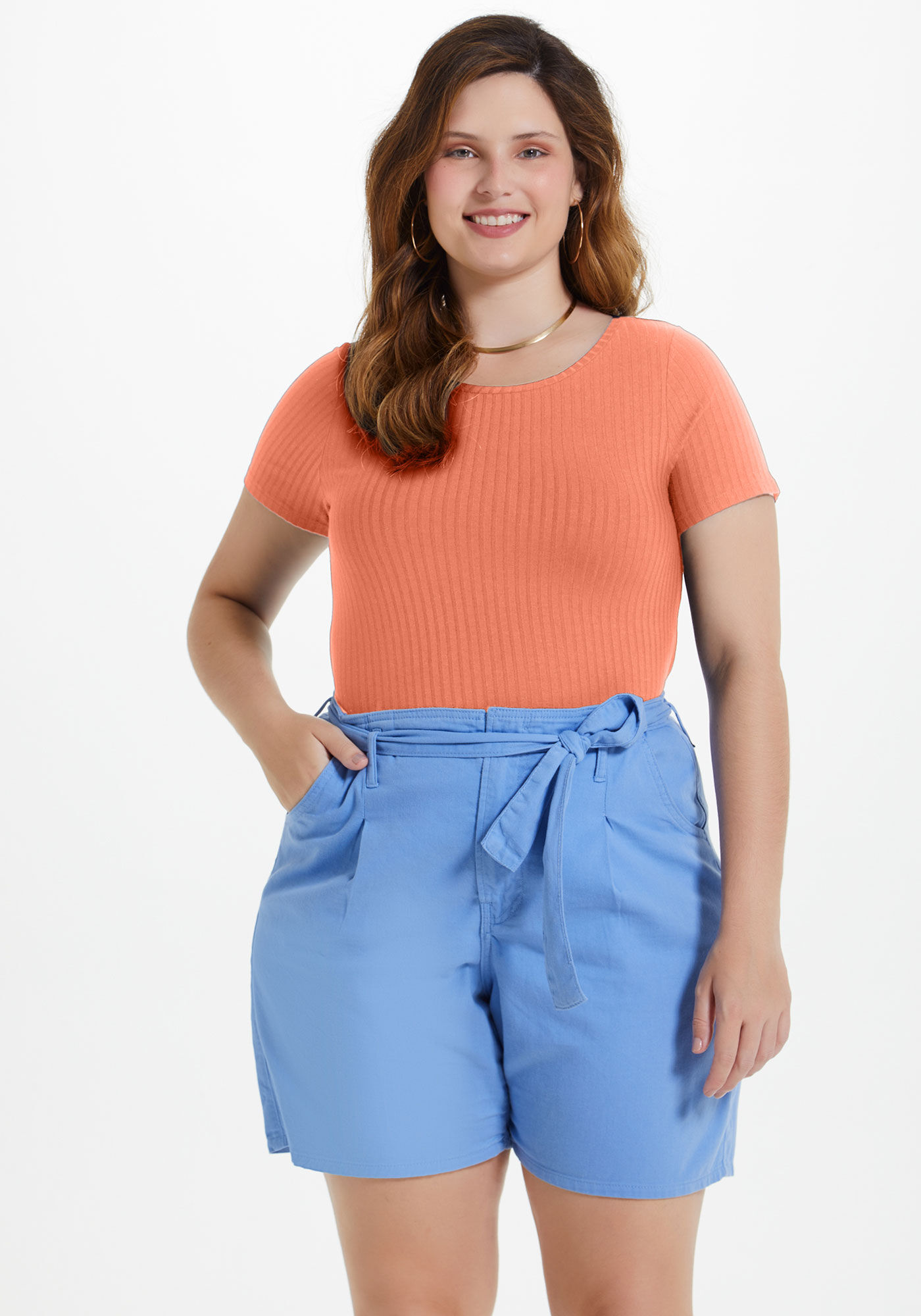 Blusa De Mangas Curtas Em Malha Canelada De Viscose, SALMAO CAMELIA, large.