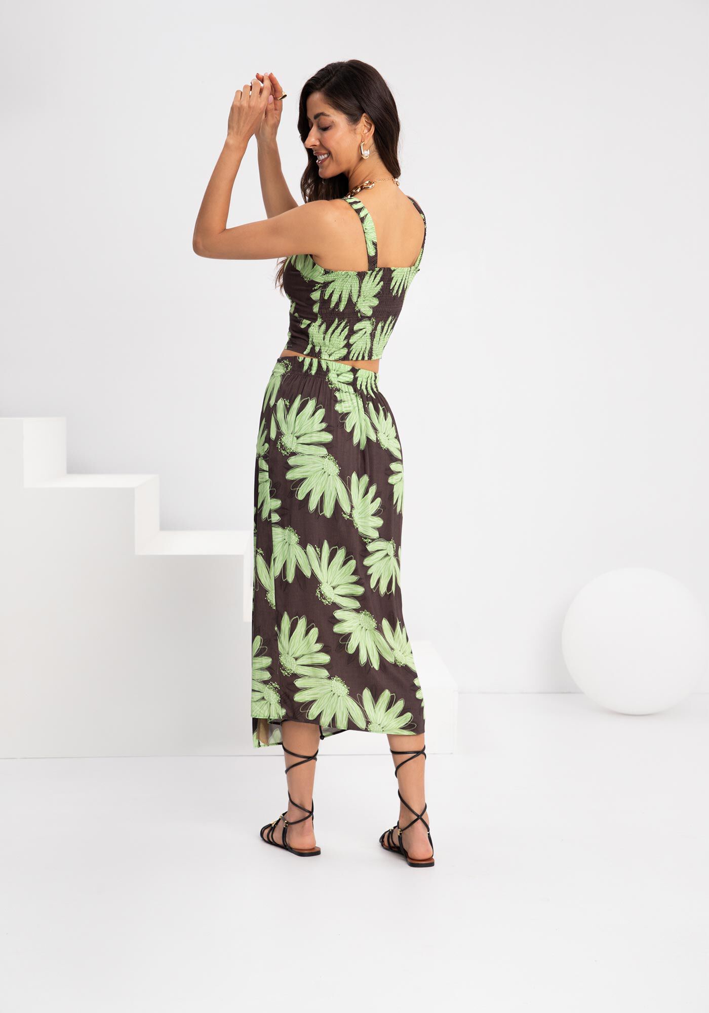 Saia Midi Ch&aacute; Estampada Em Viscose Respons&aacute;vel, , large.