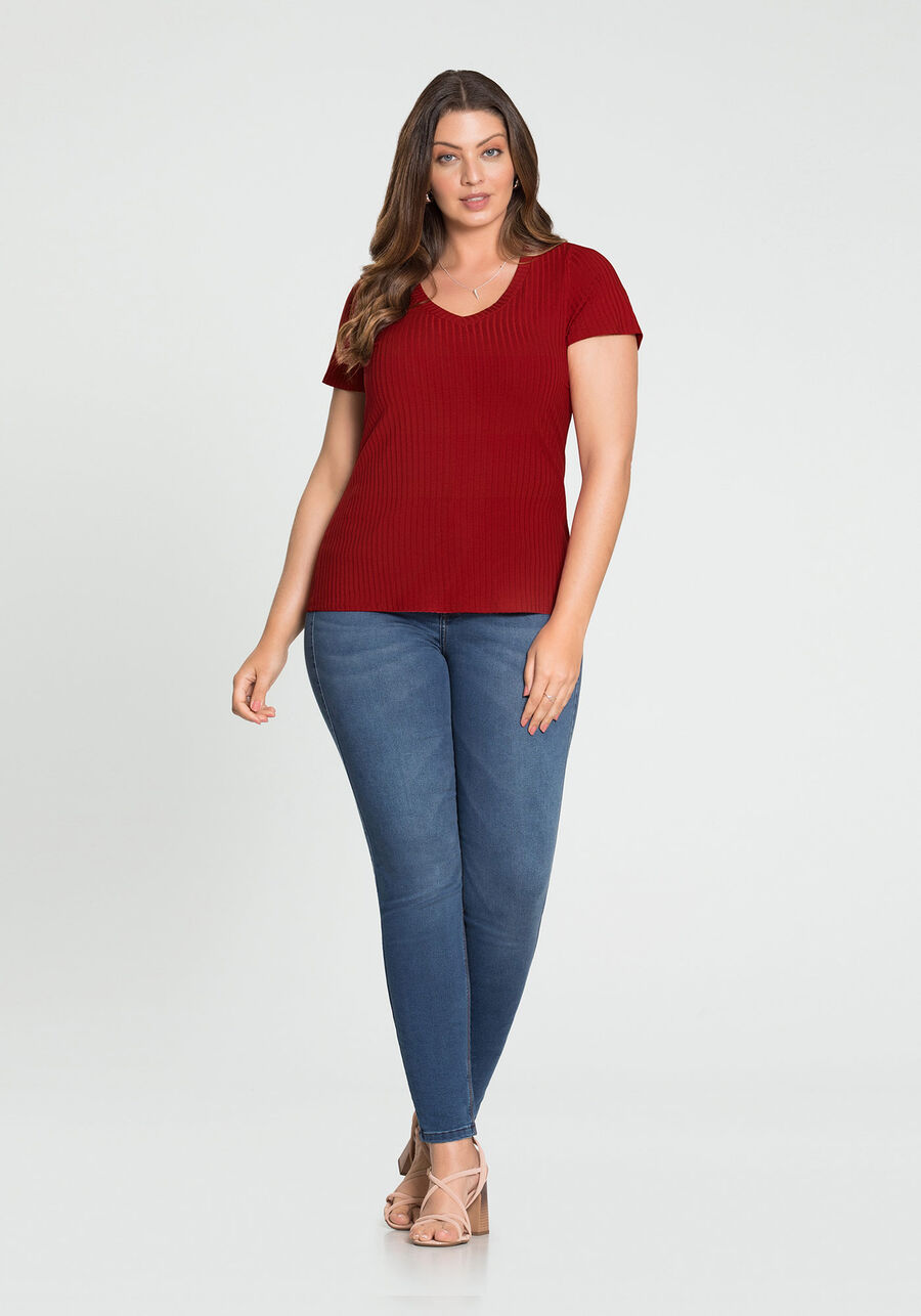 Blusa Básica Em Malha Canelada Com Mangas Curtas E Decote V, . Blusa Básica Em Malha Canelada Com Mangas Curtas E Decote V, , large.